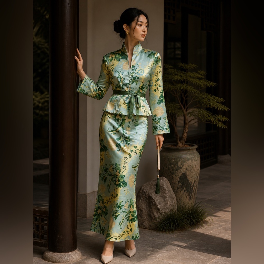Rare Silk jacquard Floral prints high waisted skirt jacket set oriental size 12
